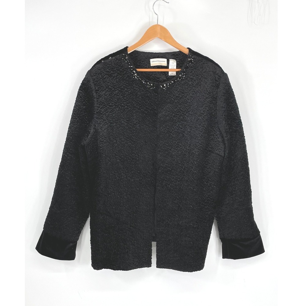 Alfred Dunner Women Jacket 24W Blazer Black Beaded Faux Fur Textured Hook & Eye
